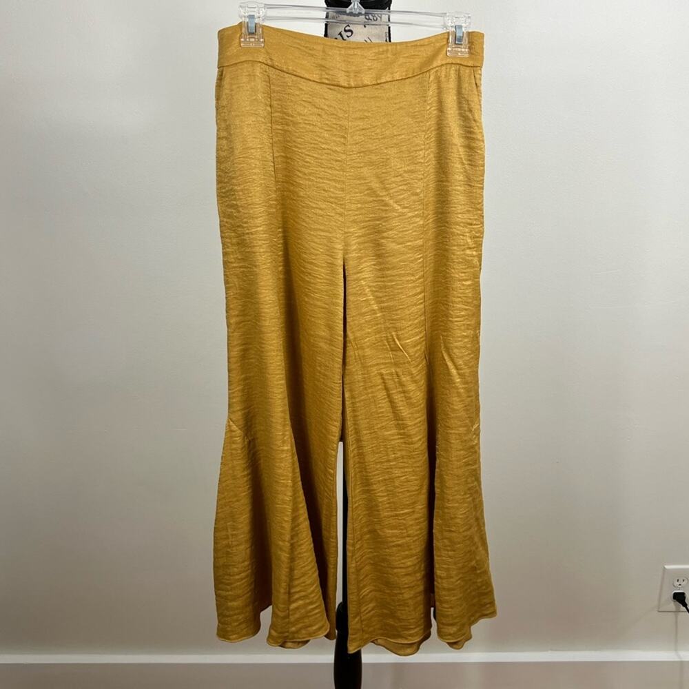 Anthropology Elevenses Gold shimmer high rise bell bottom flare pleated pants